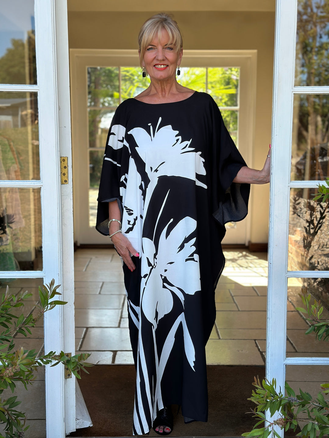 Monochrome Floral Kaftan Dress | Black & White