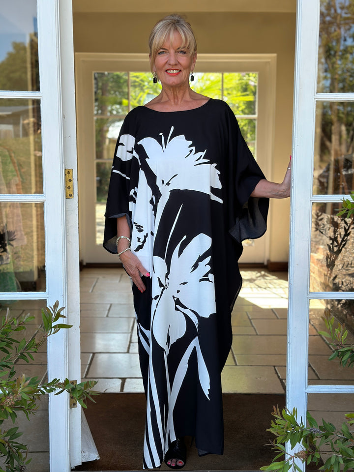 Monochrome Floral Kaftan Dress | Black & White