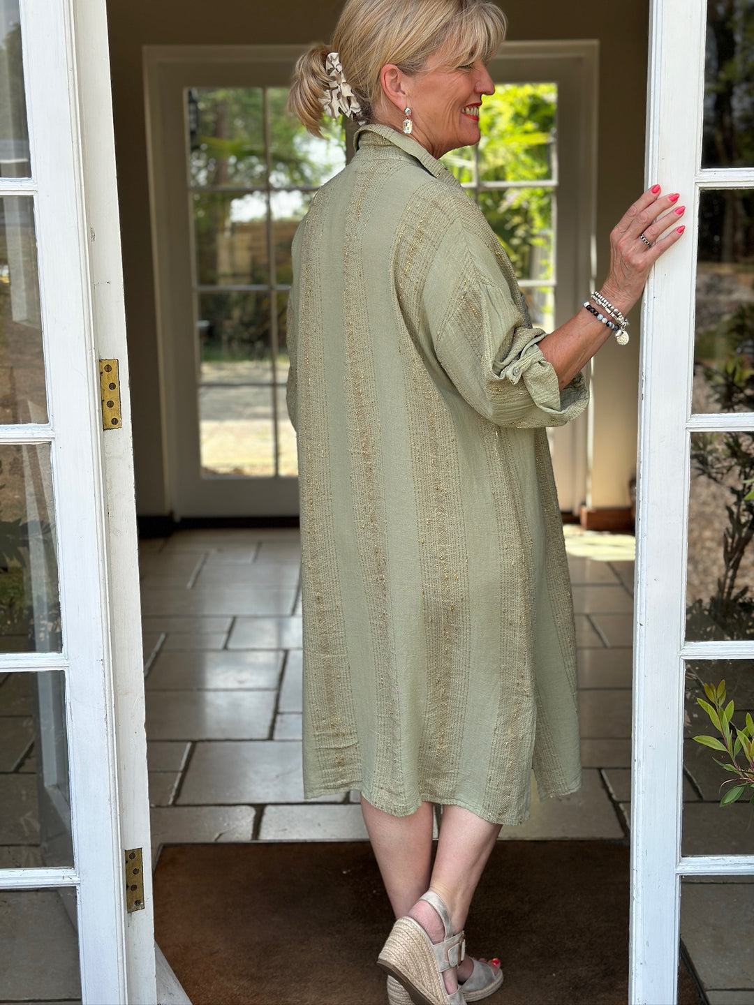 Metallic Stripe Shirt Dress | Sage