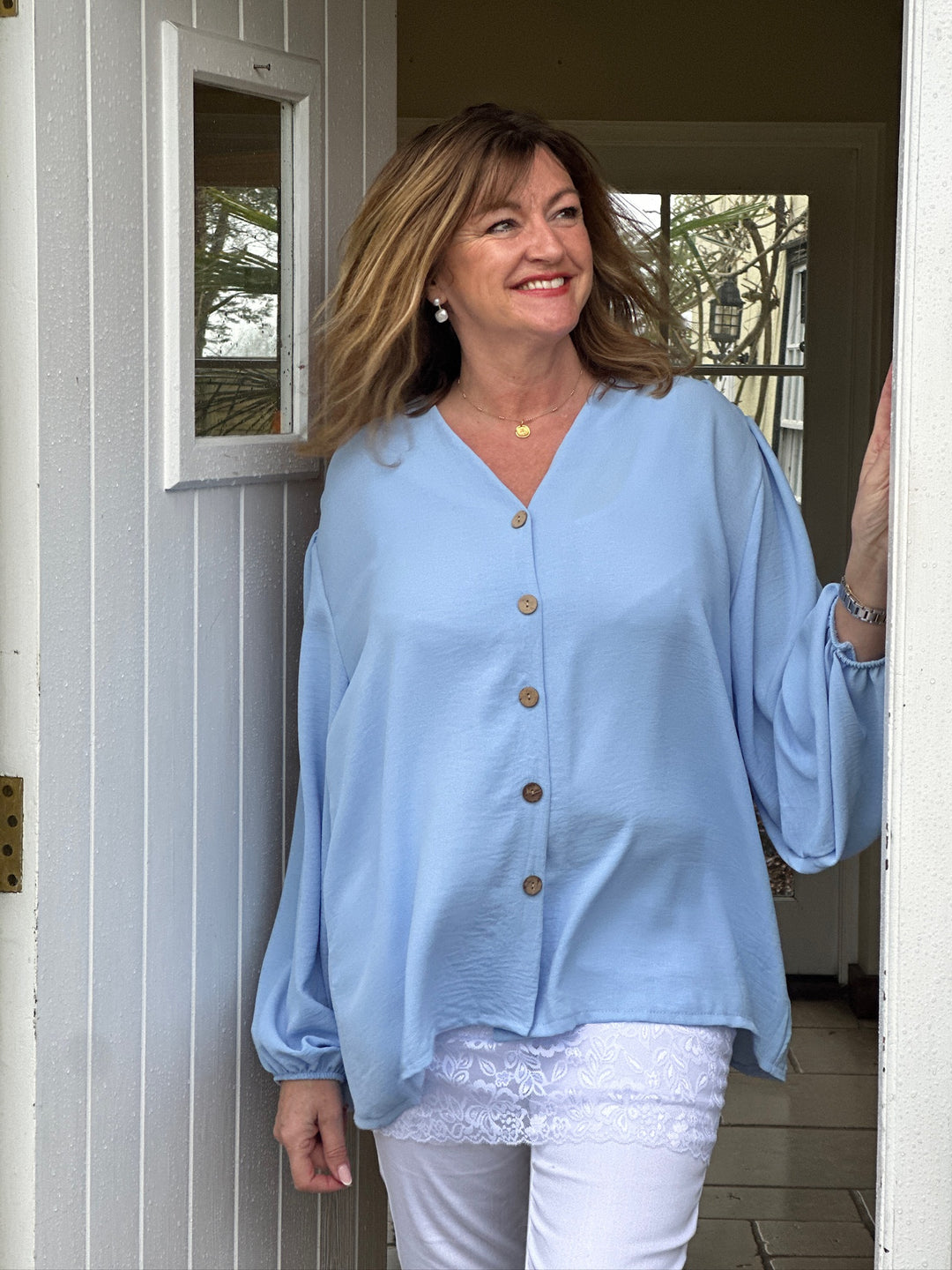 Button Detail Blouse | Powder Blue - Mandy's Heaven 