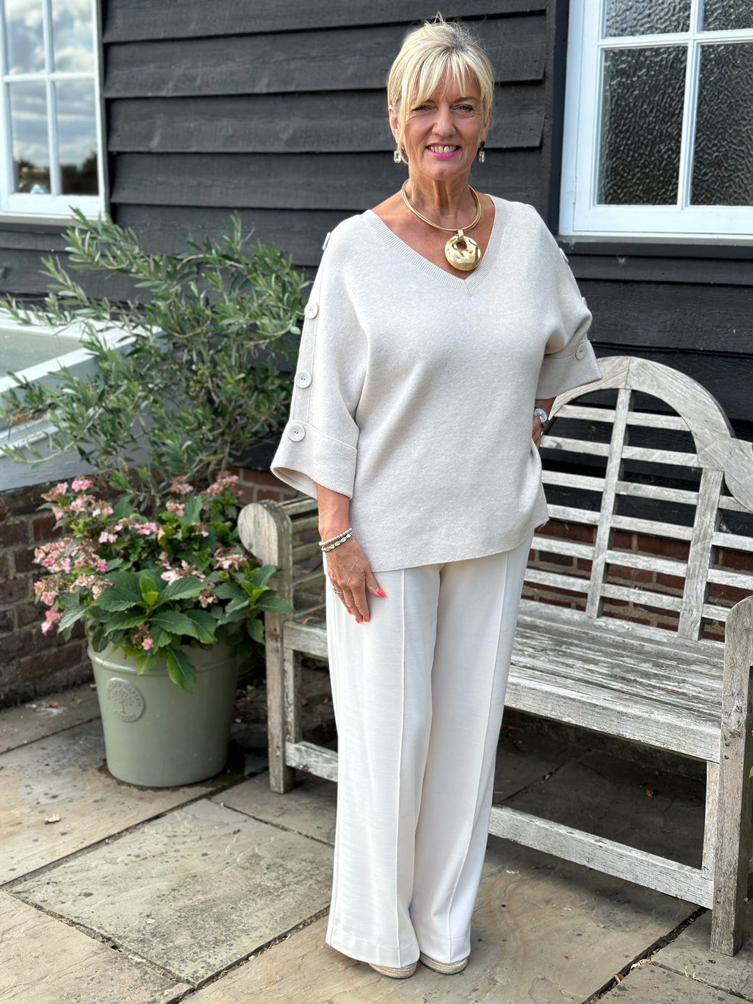 Elbow Length Button Detail V Neck Jumper - Malissa J | Oyster