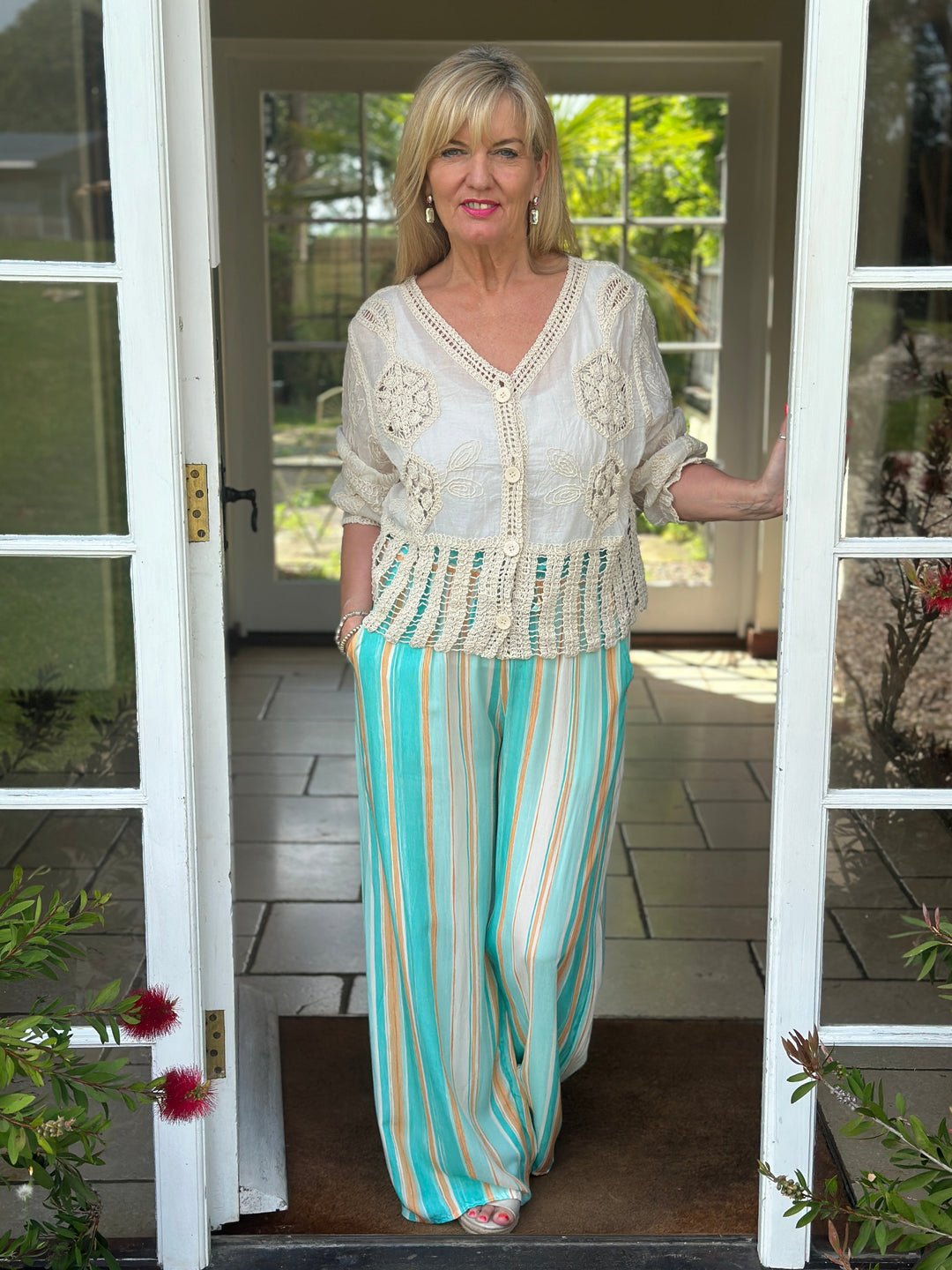 Multi Stripe Wide Leg Trouser | Turquoise