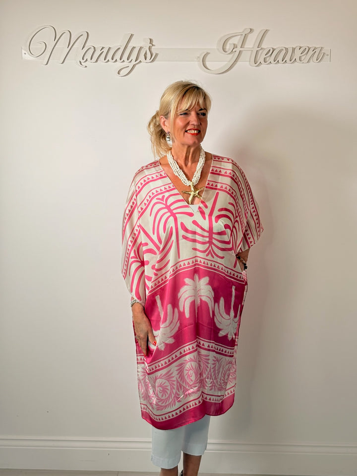 Silk-Blend Tropical Print Kaftan | Pink