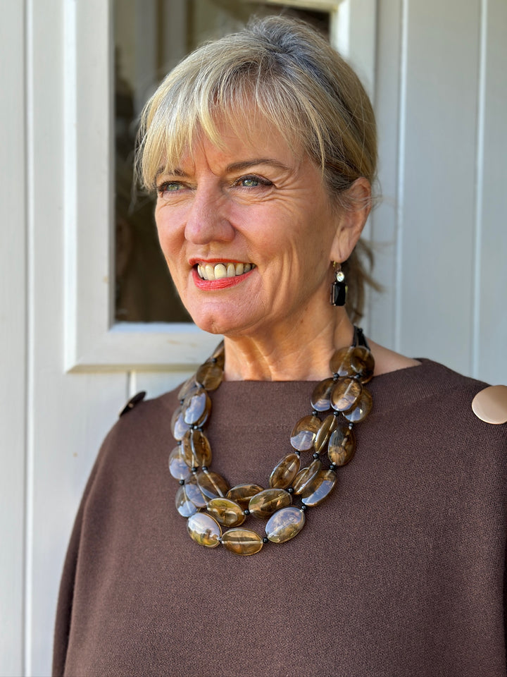 Short Layered Resin Pebble Necklace | Brown