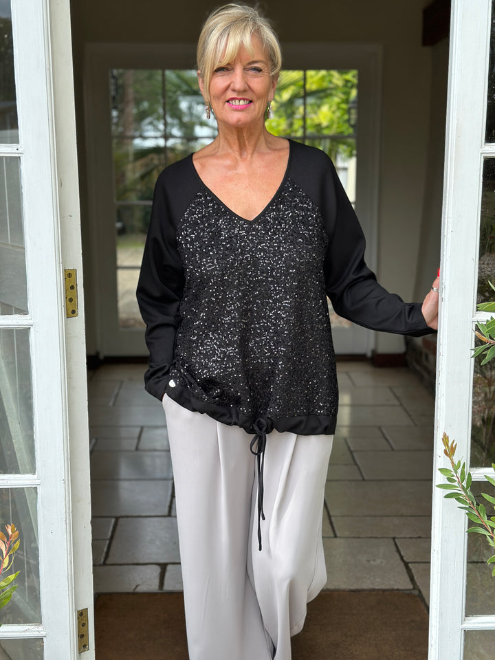 Sequin Front Long Sleeve Top - Malissa J | Black