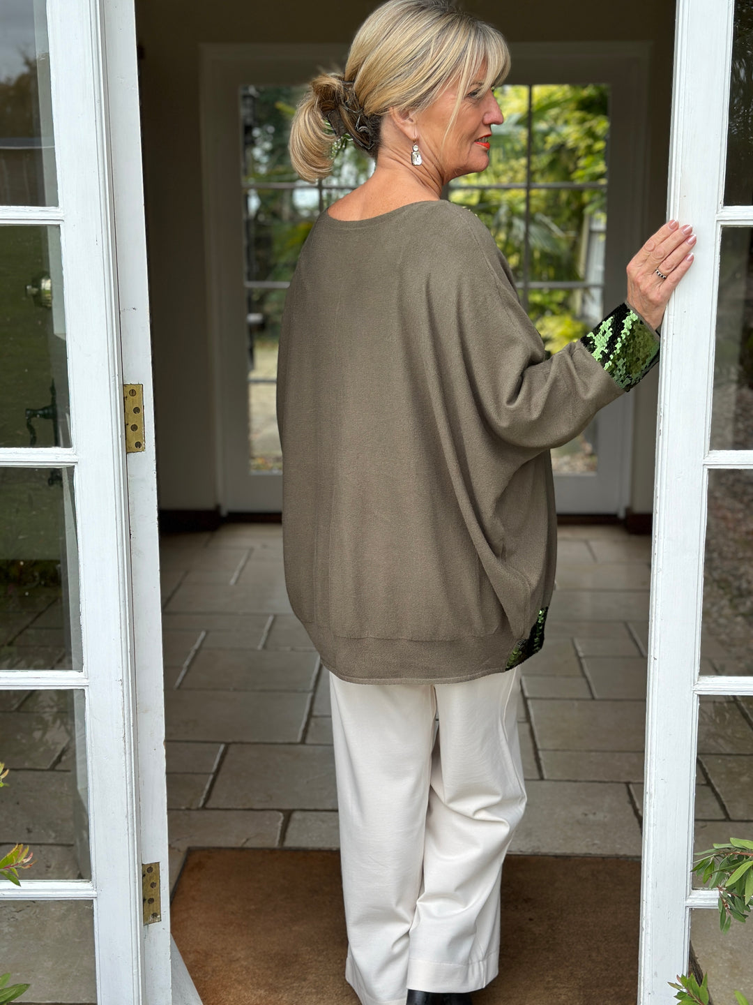 Sparkle Trim Batwing Jumper | Khaki