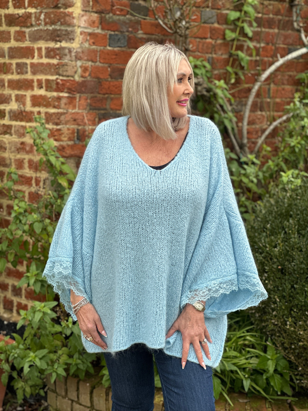 Lace Sleeve Knit Jumper | Baby Blue