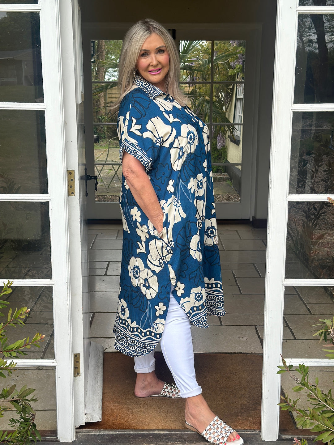 Garden Print Tunic Collar Dress | Teal