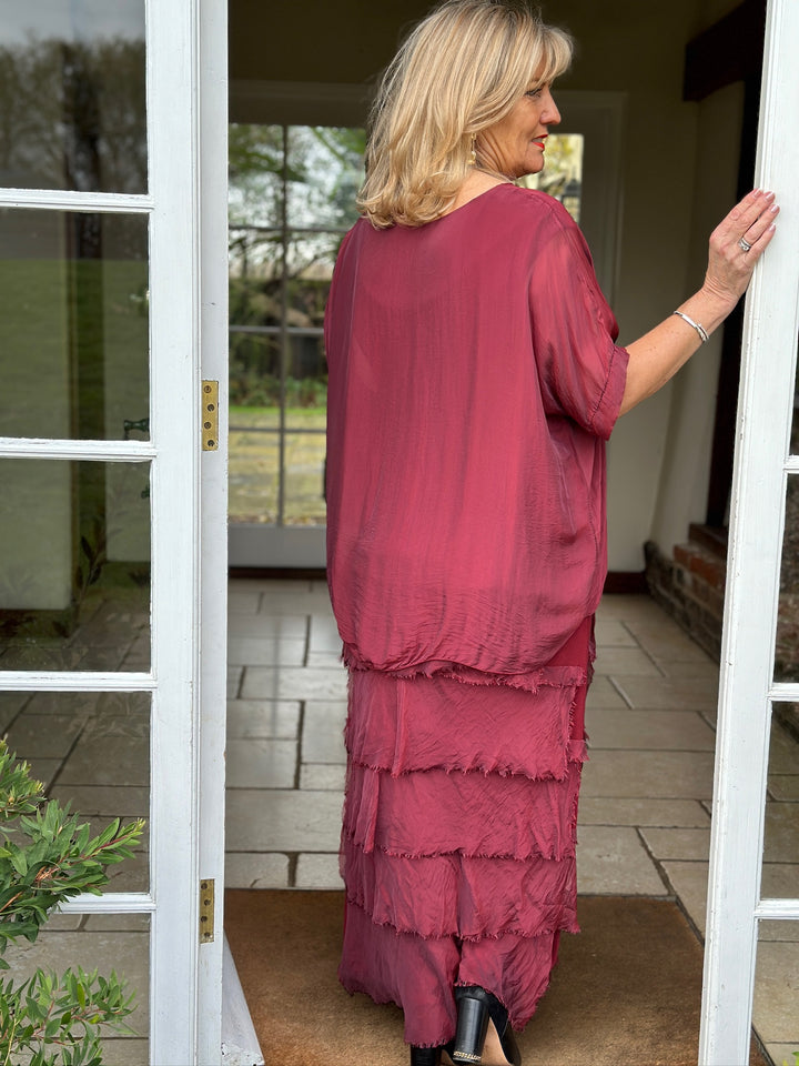 Silk Tiered Ruffle Dress | Burgundy