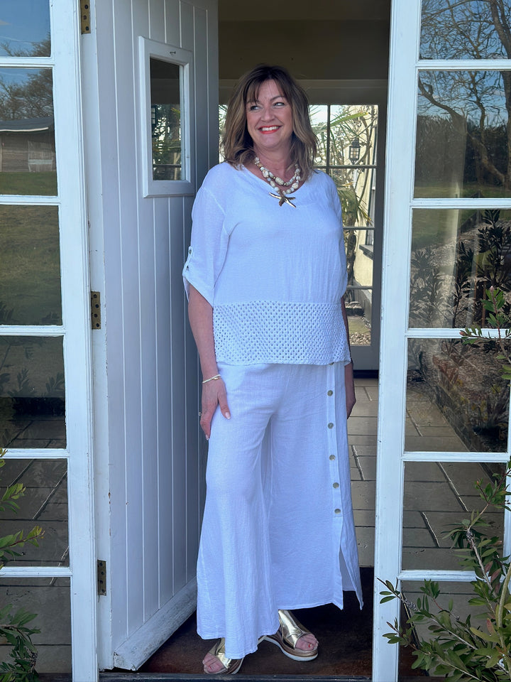 Crochet Detail Linen Top | White