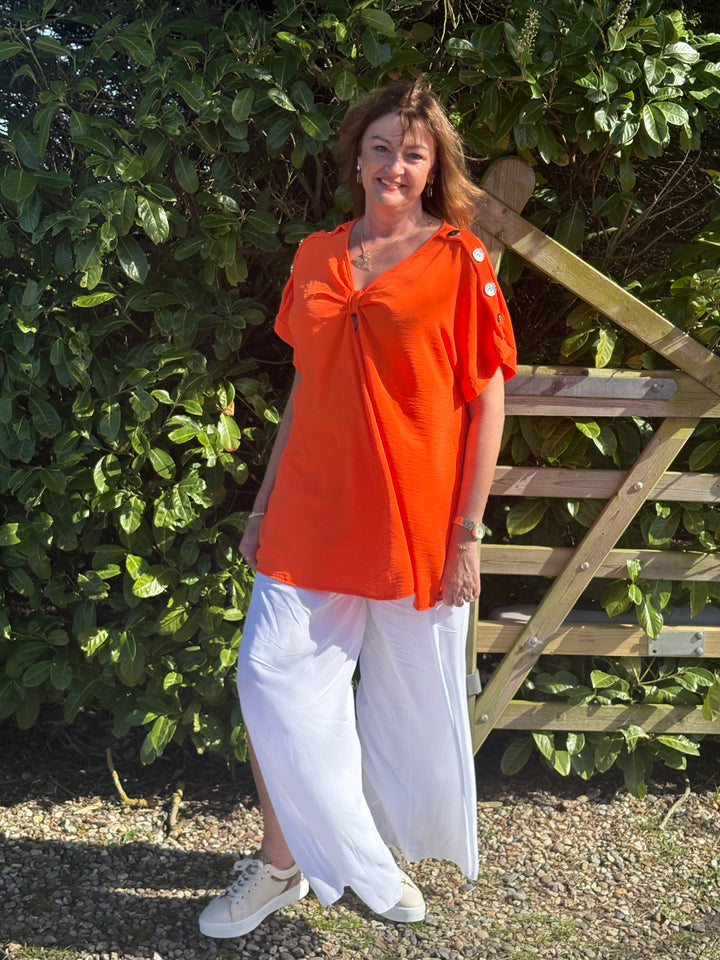 Textured Gold Button Bow Top | Orange