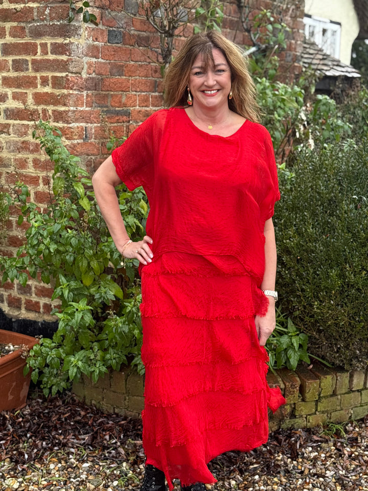 Silk Tiered Ruffle Dress | Ruby Red