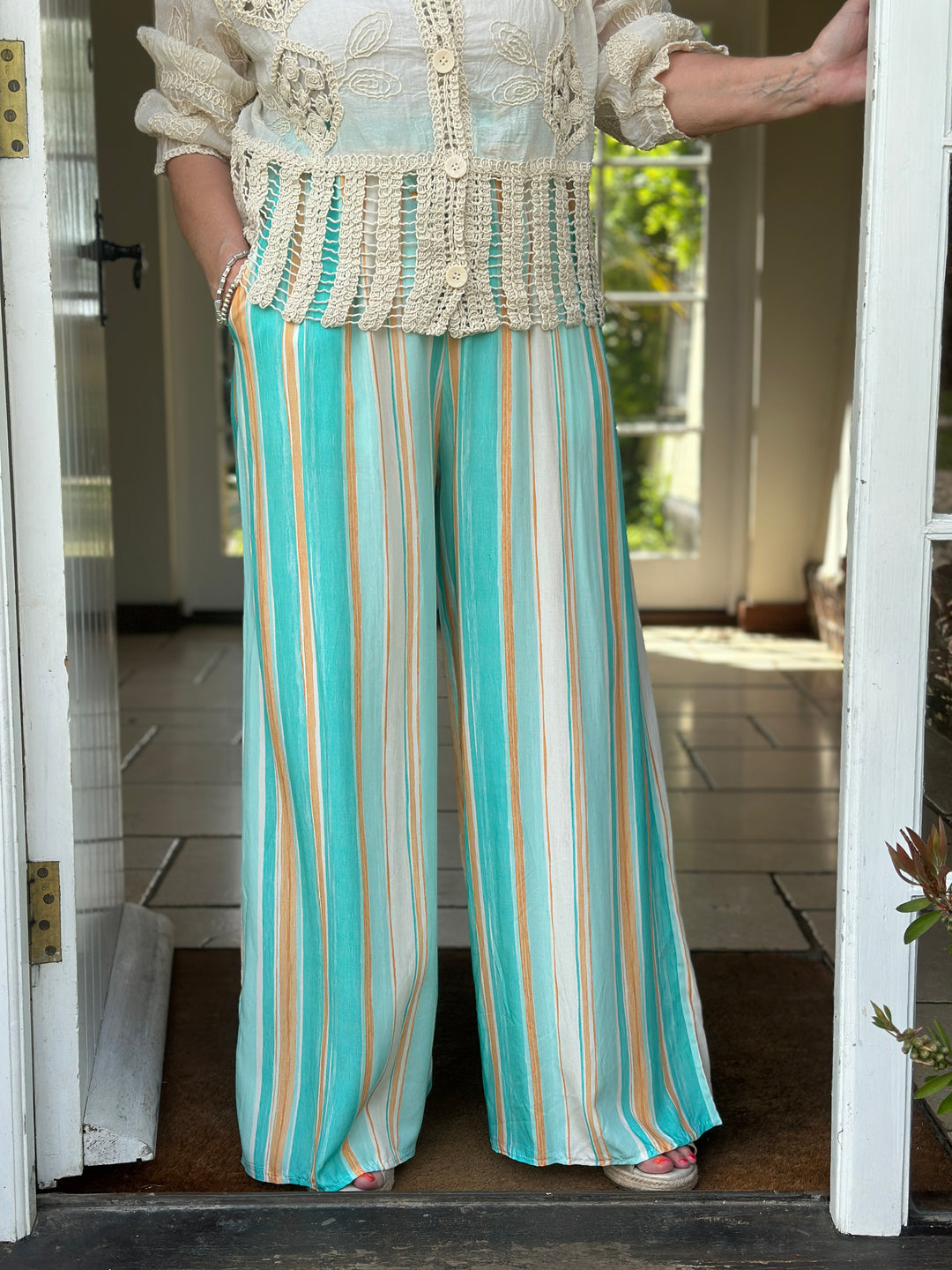 Multi Stripe Wide Leg Trouser | Turquoise