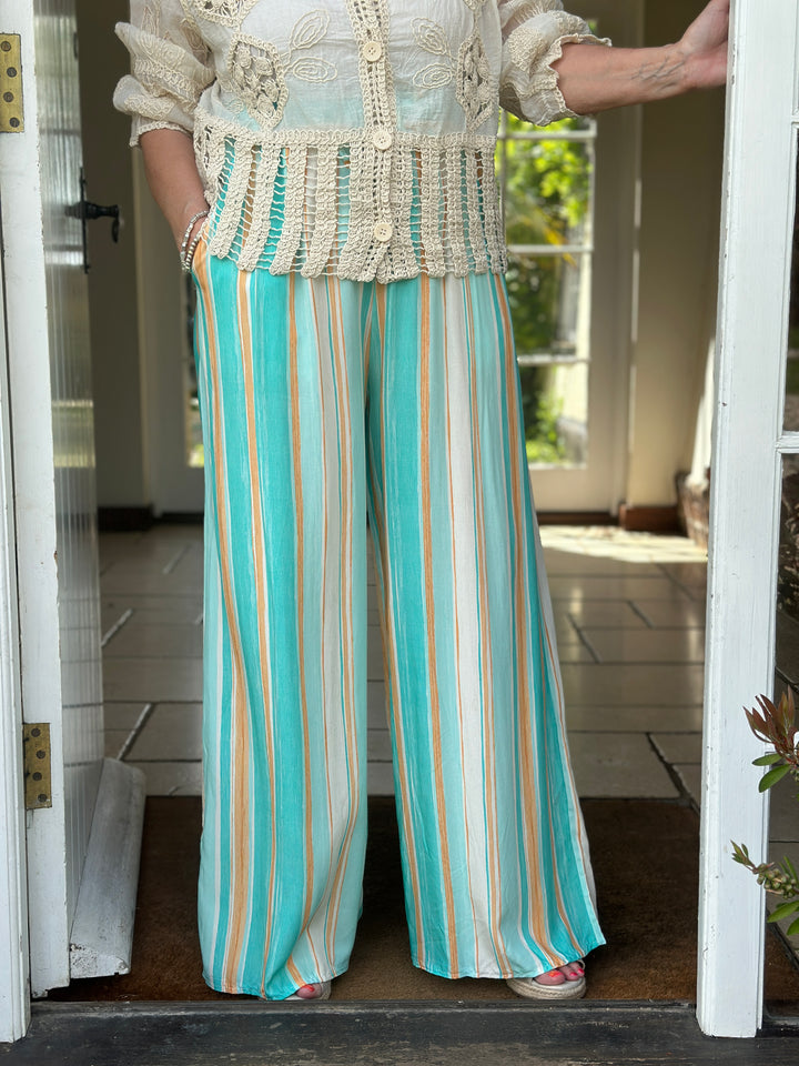 Multi Stripe Wide Leg Trouser | Turquoise