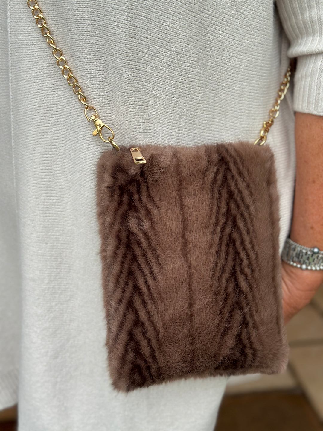 Faux Fur Crossbody Bag - Malissa J | Light Brown Feather Stripe