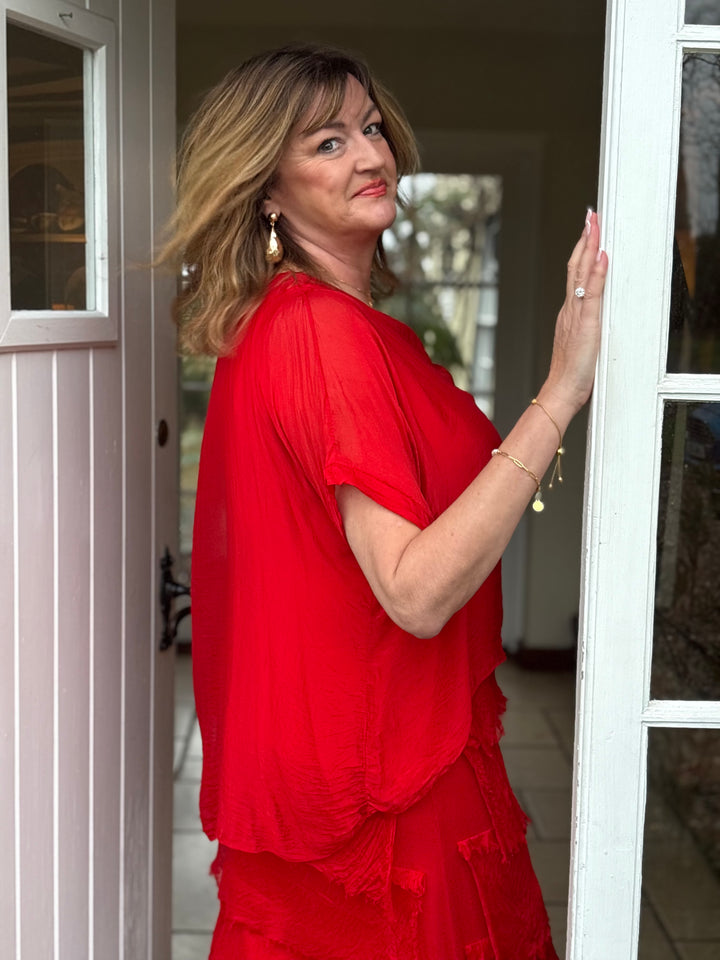 Silk Tiered Ruffle Dress | Ruby Red