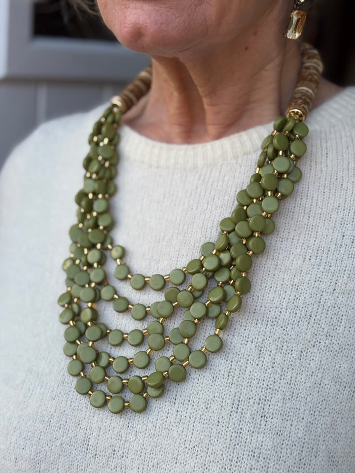 Coconut Shell & Mini Circle Bead Necklace | Forest Green & Gold