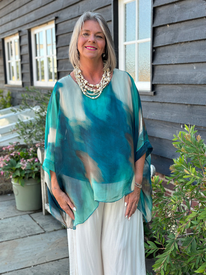 Mia Watercolour Silk Blouse | Aqua
