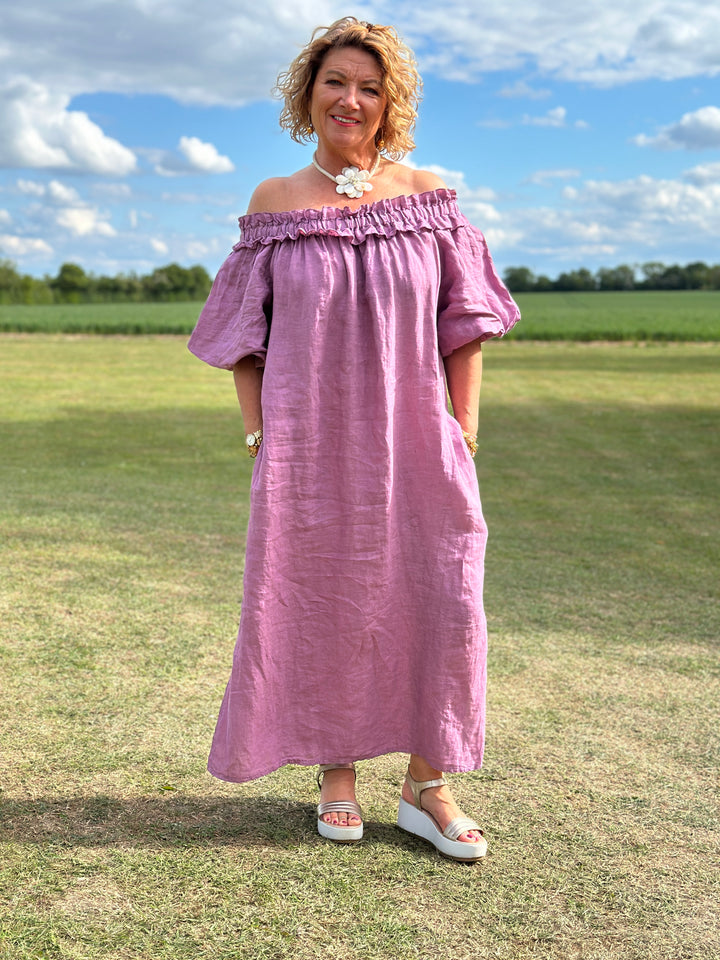 Ruffle Bardot Linen Dress | Plum