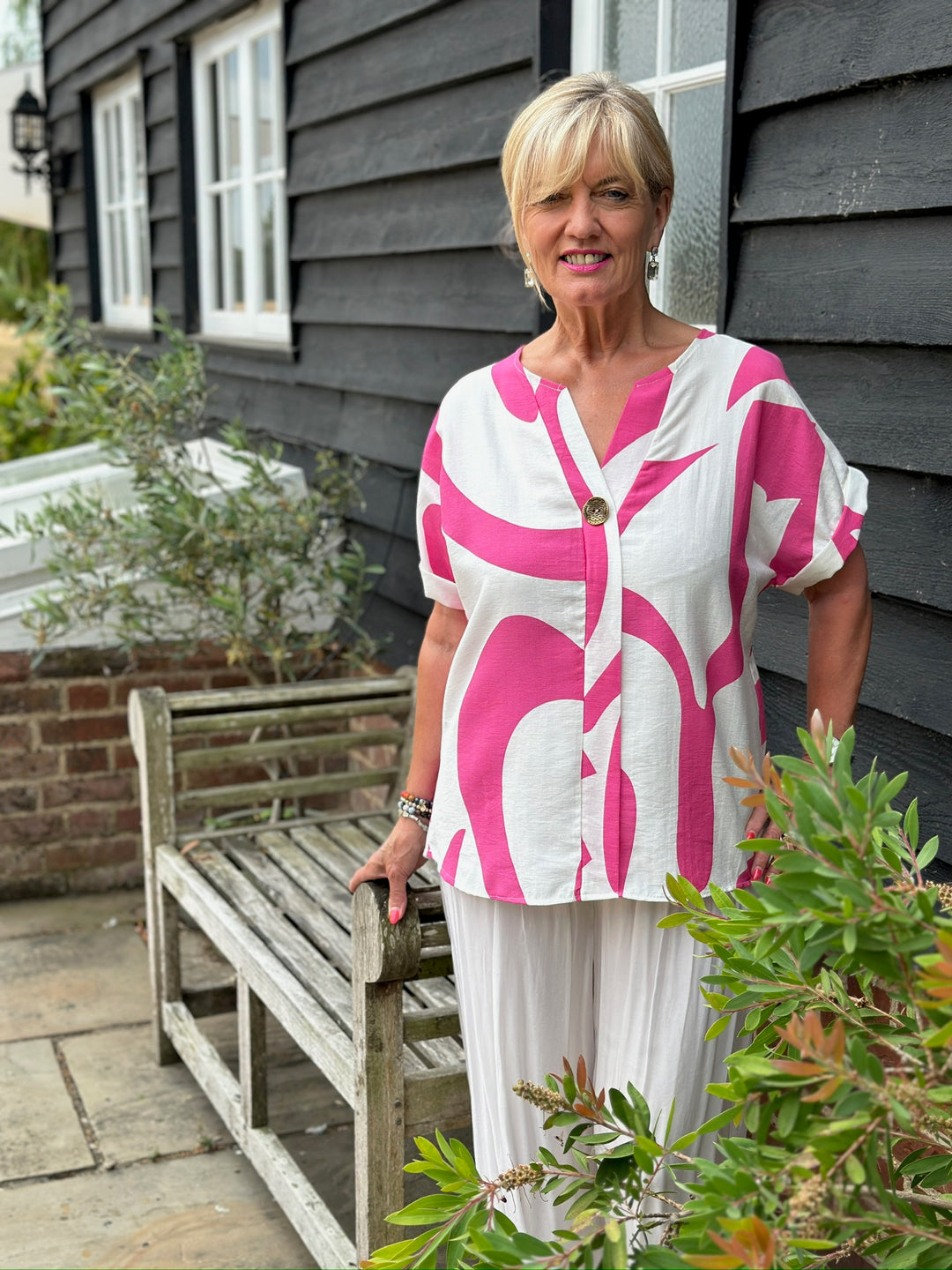 Swirl Print Button-Neck Top | Fuchsia