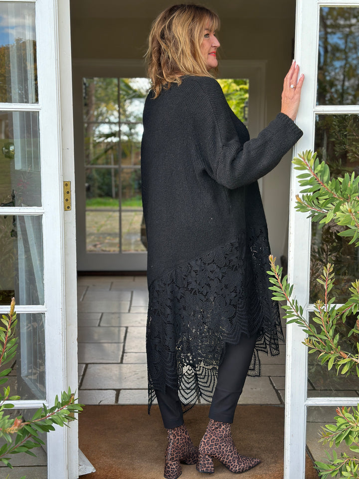 Lace Hem Knitted Jumper Dress | Black