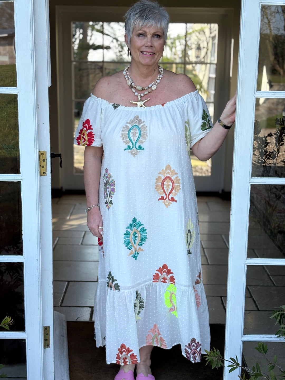 Embroidered Bardot Dress - Malissa J | White