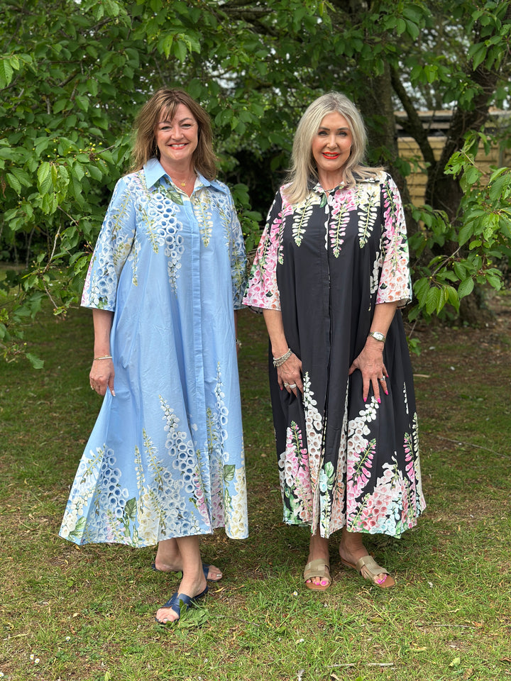 Foxglove Blossom Long Shirt Dress | Black