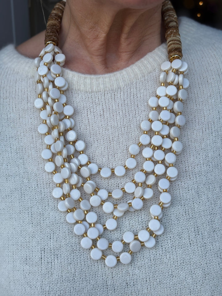 Coconut Shell & Mini Circle Bead Necklace | Cream & Gold