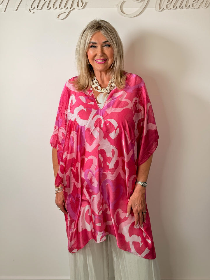 Silk-Blend Love Heart Print Kaftan | Fuchsia