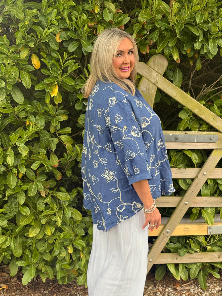 Delicate Flower Embroidery Shirt | Denim Blue