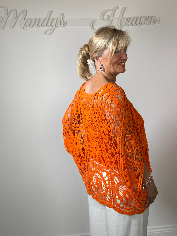 Floral Crochet Batwing Top | Orange