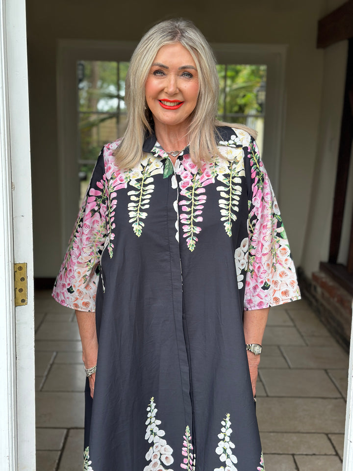 Foxglove Blossom Long Shirt Dress | Black