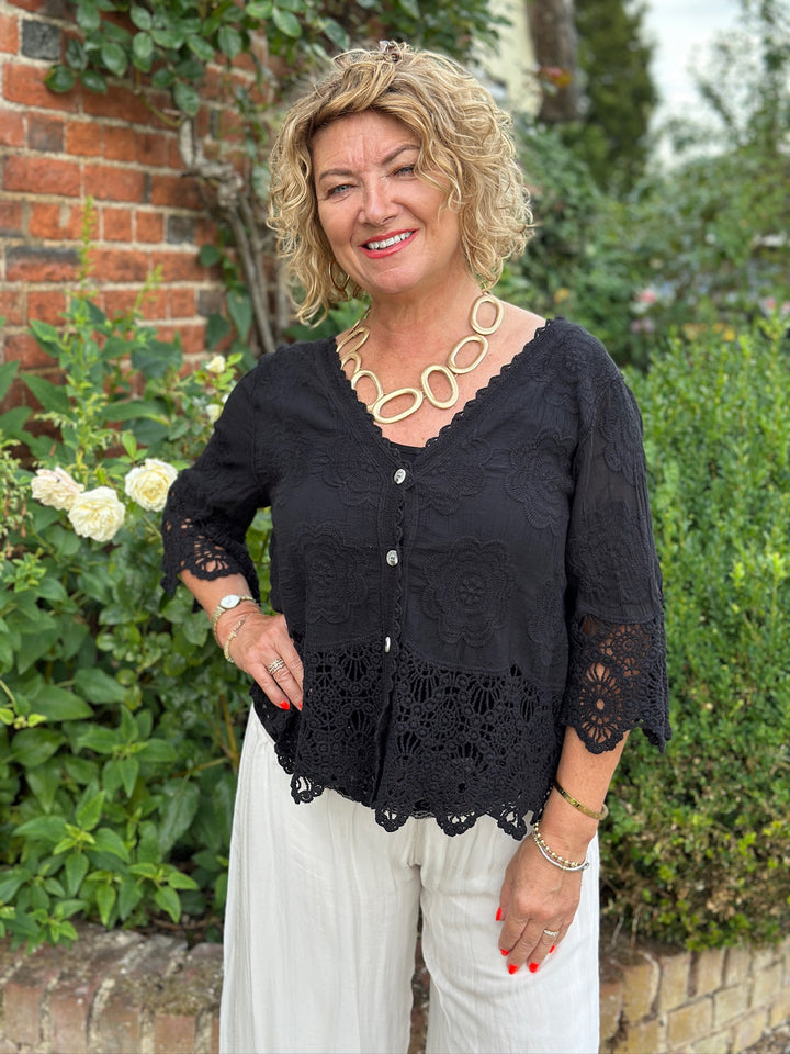 Cotton Crochet Floral Cardigan | Black