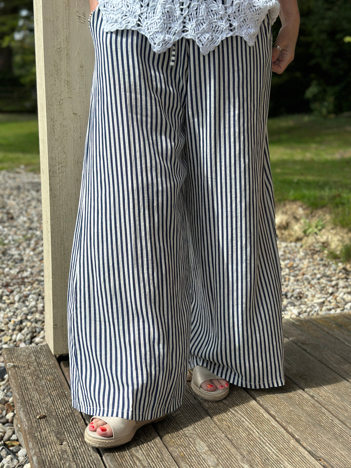 Wide Leg Linen Stripe Trouser | Navy