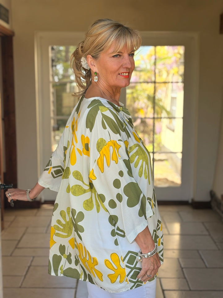 One Button Tunic Top Abstract Print | Khaki