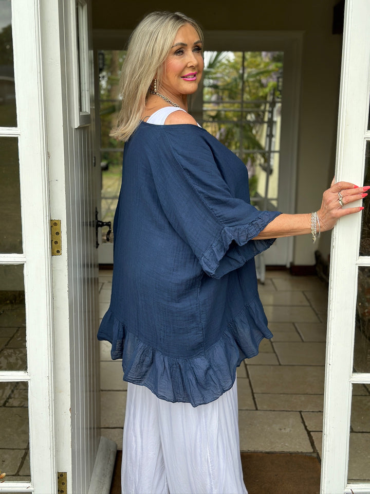 Cotton Ruffle Hem Top | Navy