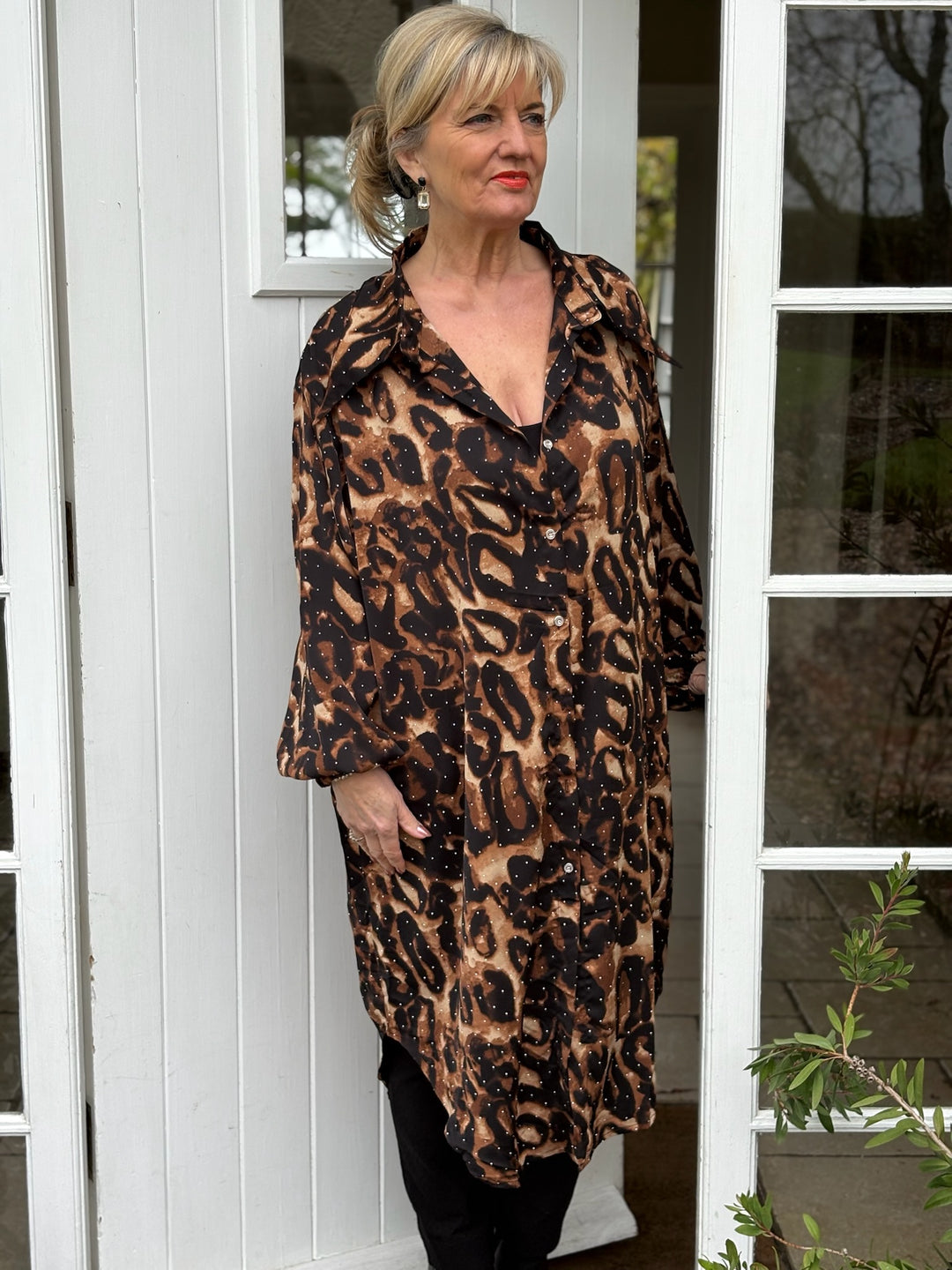 Animal Print Button-Through Tunic Shirt
