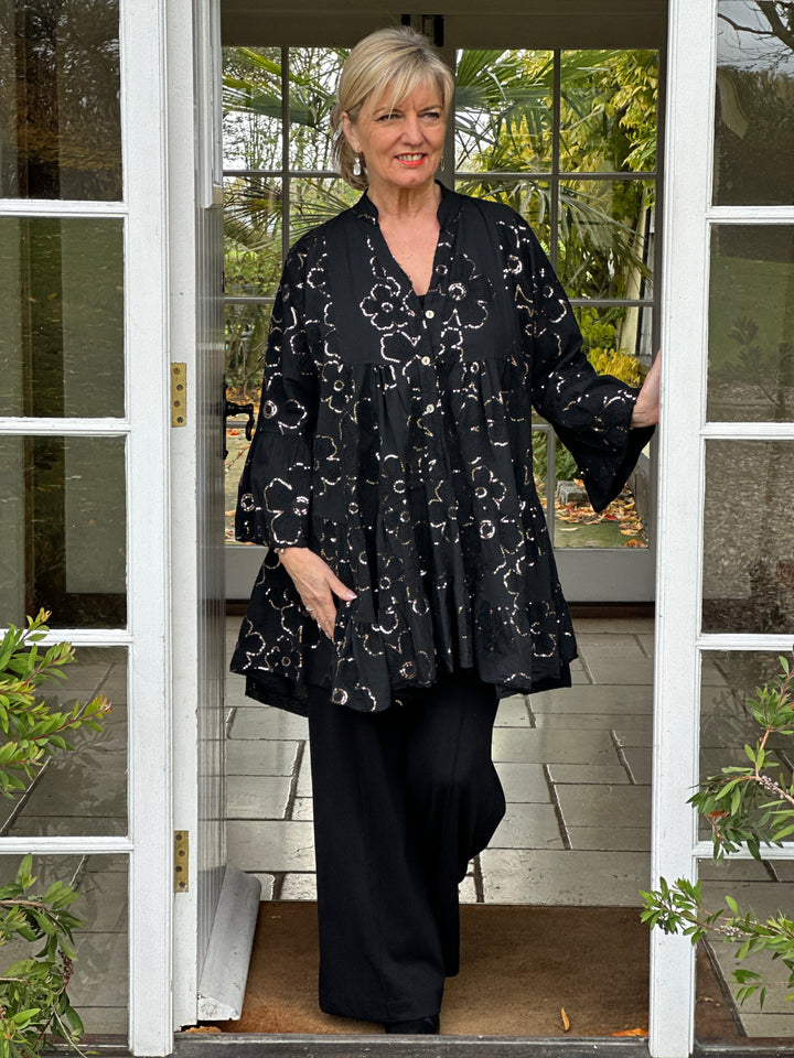 Sequin Floral Tunic Top | Black