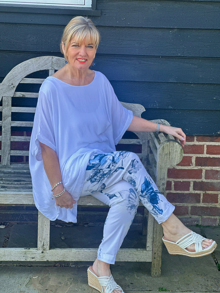 Watercolour Floral Print Trousers | Blue