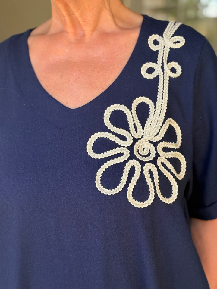 Embroidered Flower Print Tunic Dress | Navy
