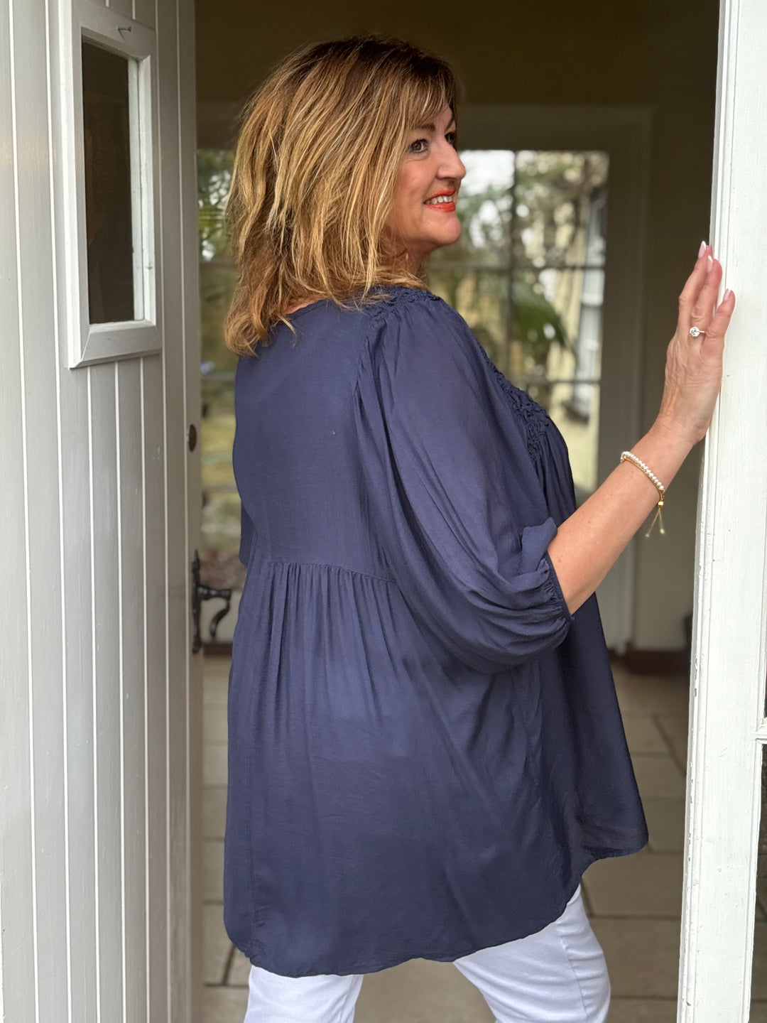 Ruffle Detail V-Neck Blouse | Navy