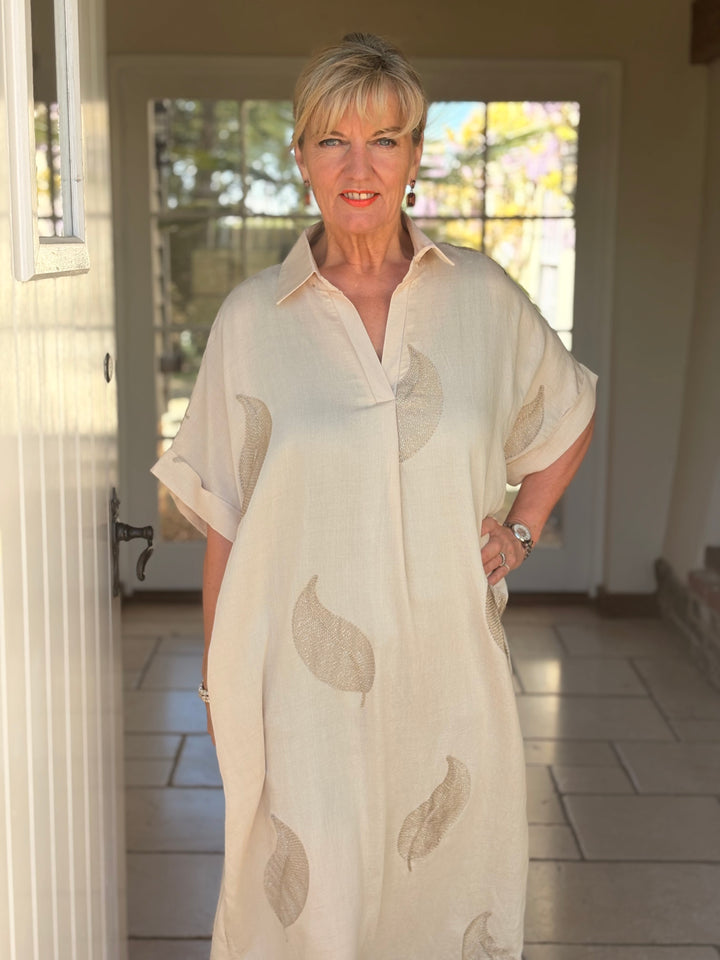 Shimmer Leaf Tunic Dress | Beige