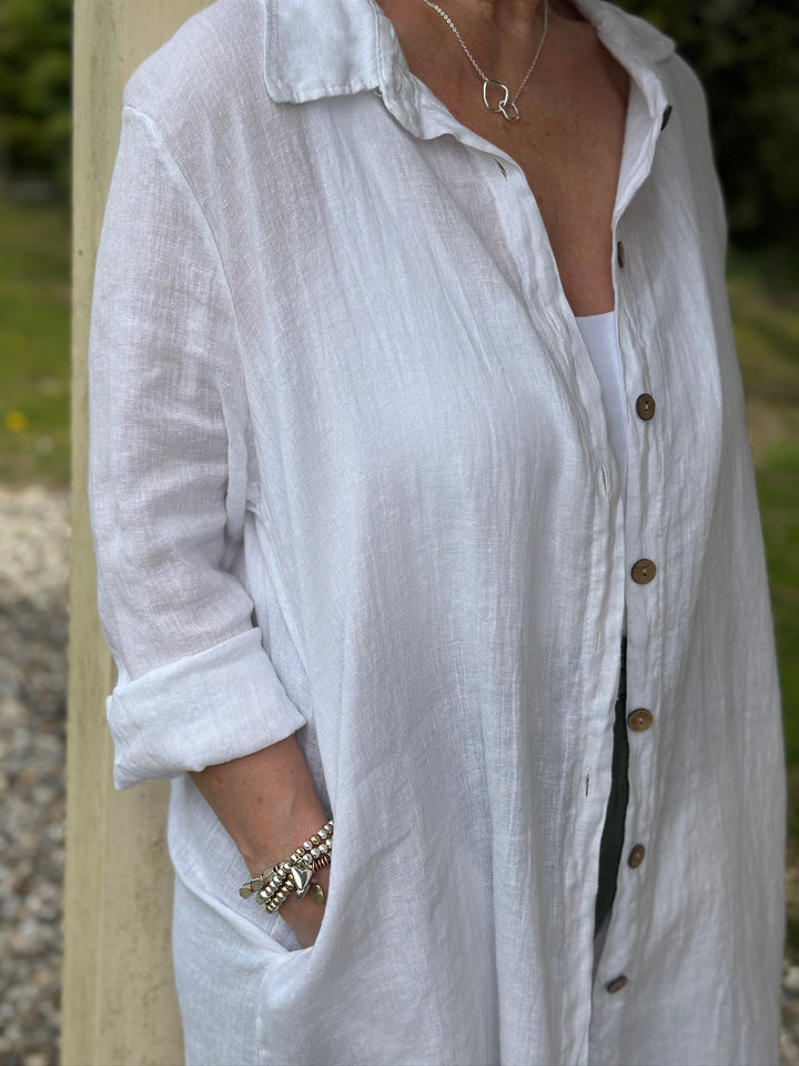 Straight Sleeve Longline Linen Shirt | White