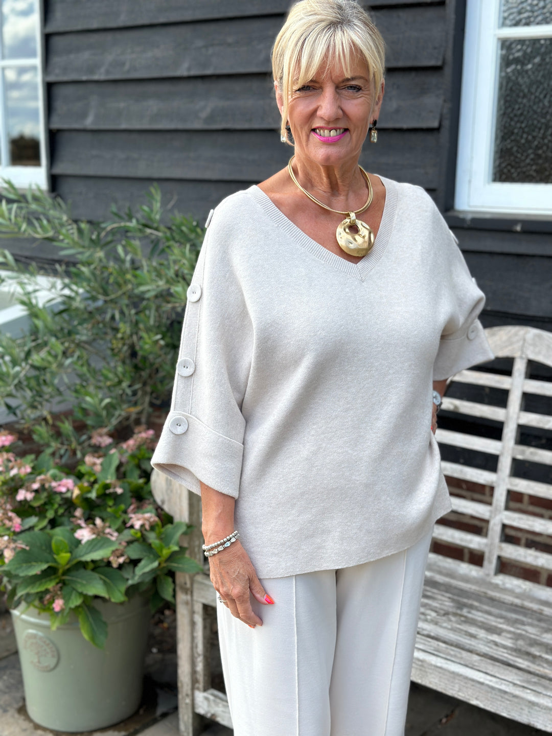 Elbow Length Button Detail V Neck Jumper - Malissa J | Oyster