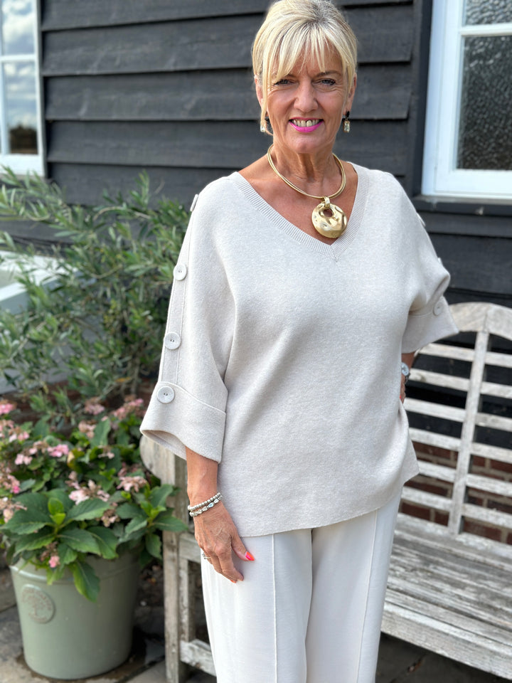 Elbow Length Button Detail V Neck Jumper - Malissa J | Oyster