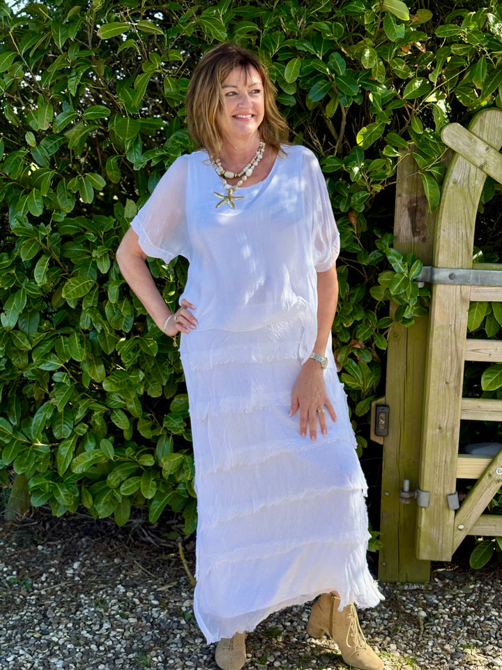 Silk Tiered Ruffle Dress | White