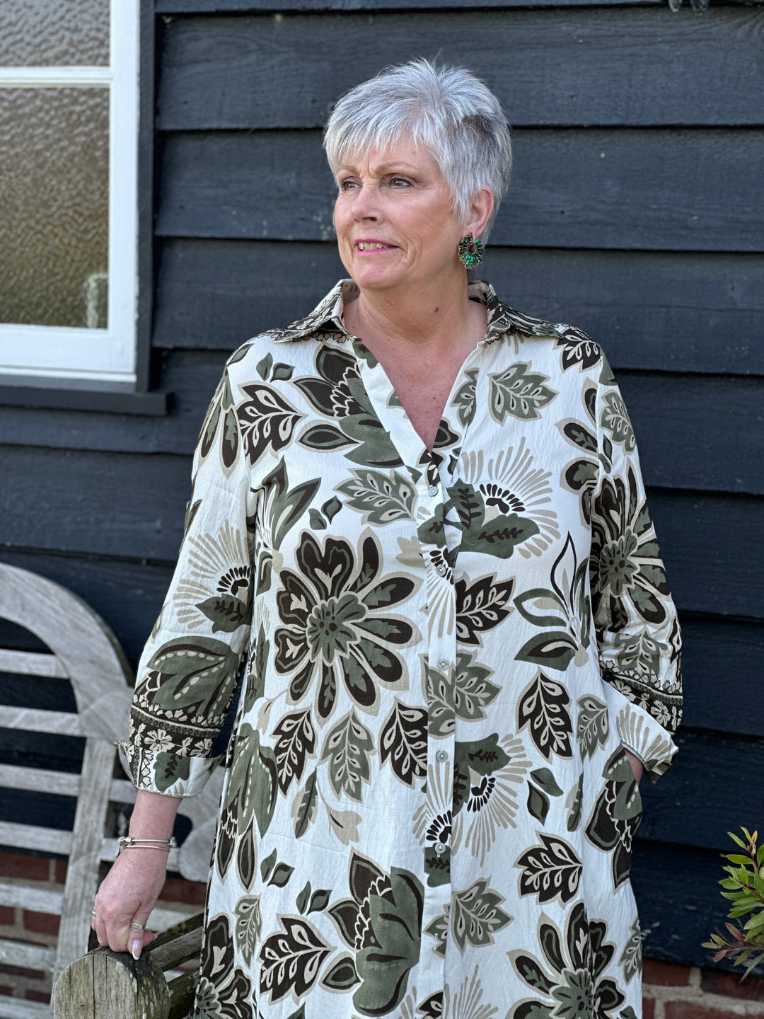 Botanical Print Longline Shirt Dress - Malissa J | Khaki