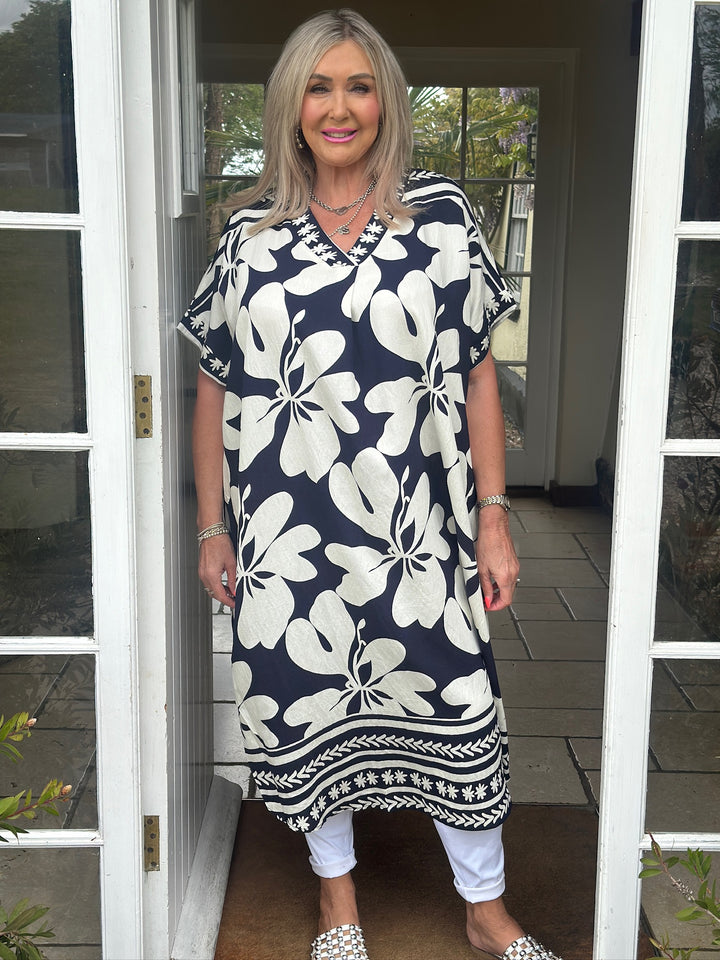 V-Neck Large Flower Tunic Dress | Navy