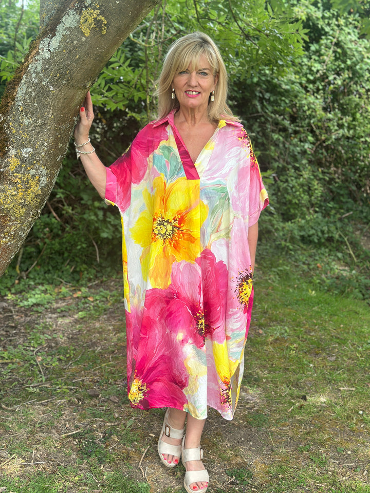Watercolour Floral Sun Dress | Fuchsia