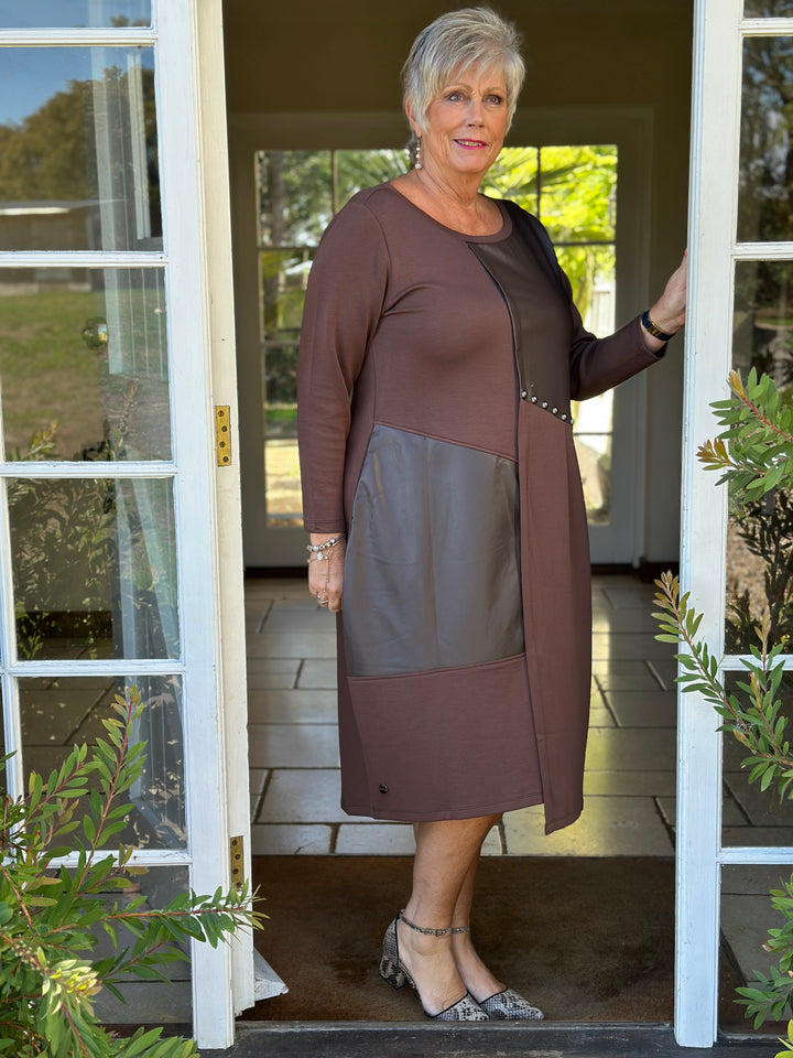 Studded Faux Leather Panel Dress - Malissa J | Chocolate Brown